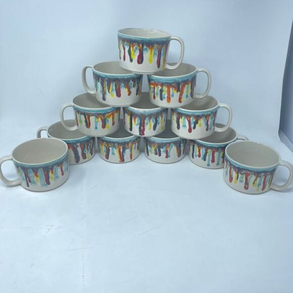 Crate and Barrel "Gallery" Pattern Mugs Dripping Colored Glaze Set of 12 - Picture 1 of 4